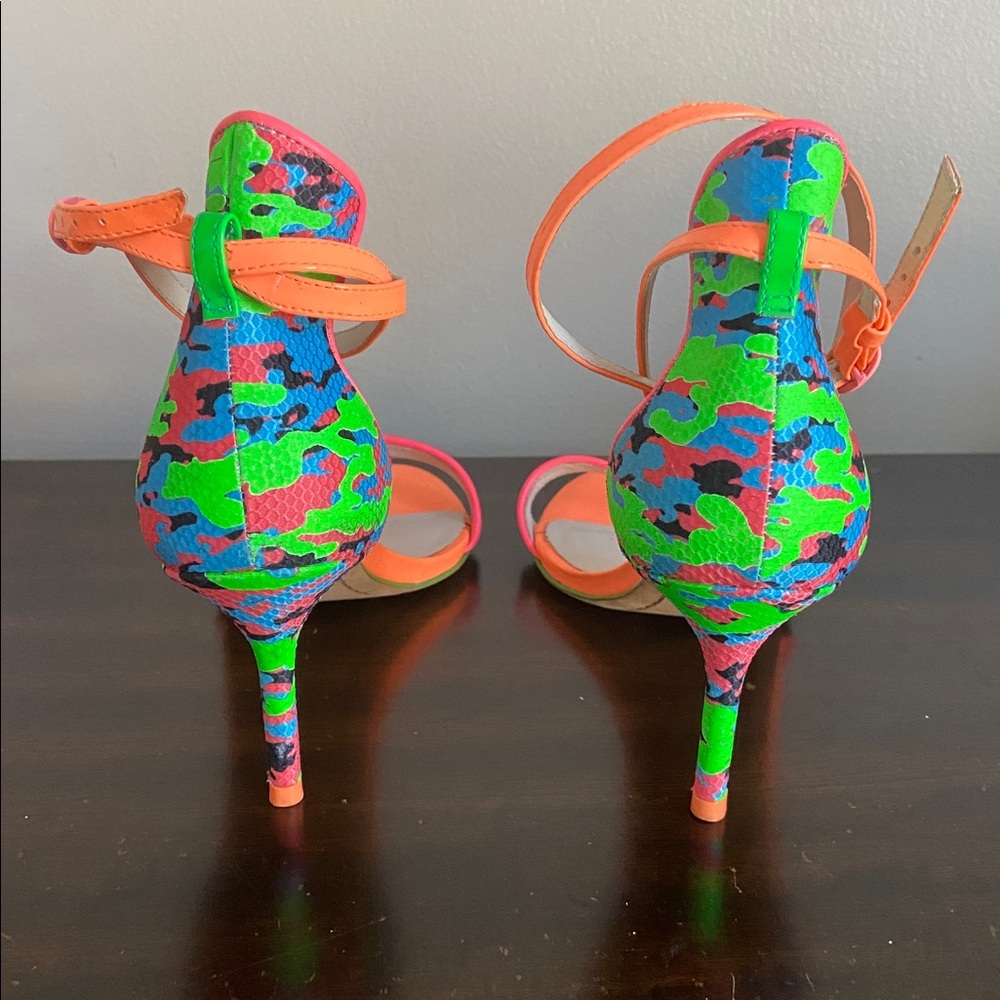 Sophia Webster Neon Orange Pink Green Mixed-Print Ankle-Strap Heels - Picture 5 of 9